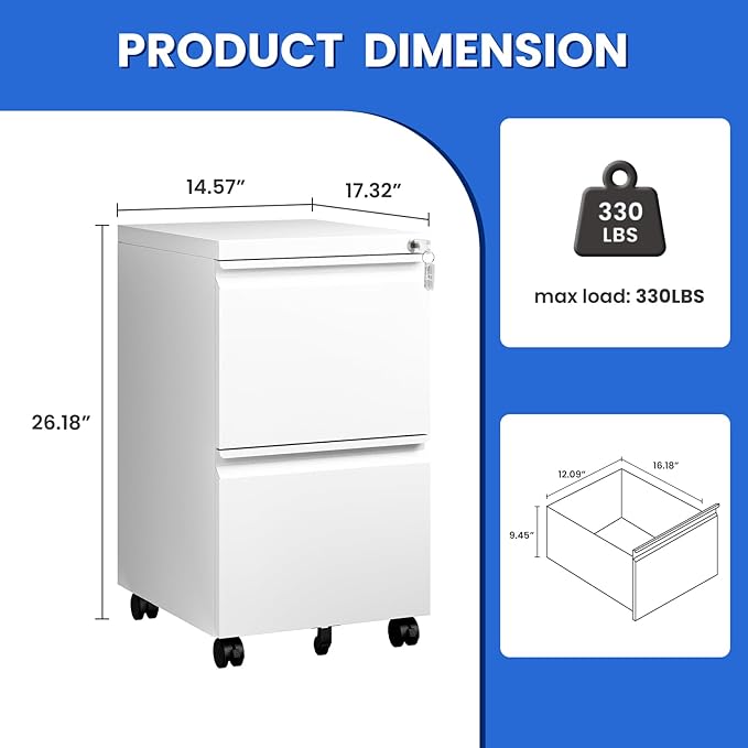 MIIIKO 2 Drawer File Cabinet on Wheels, Home Office Mobile File Drawers Under Desk, Filing Cabinets with Drawers for Legal/Letter/A4 File Folders(White),Un-Assembled