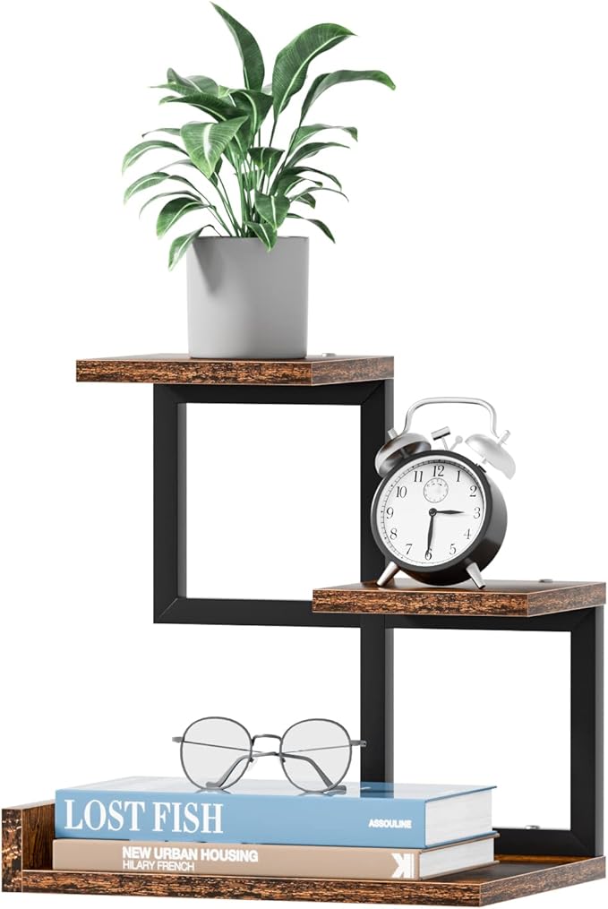 Gannyfer Desk Shelf Organizer - Wood Desktop Shelf, Freestanding Desk Hutch Office Decor, 3 Tier Storage Display Rack, Small Bookshelf with Metal Frame for Books/Plants/Toys (Rustic Brown Black)