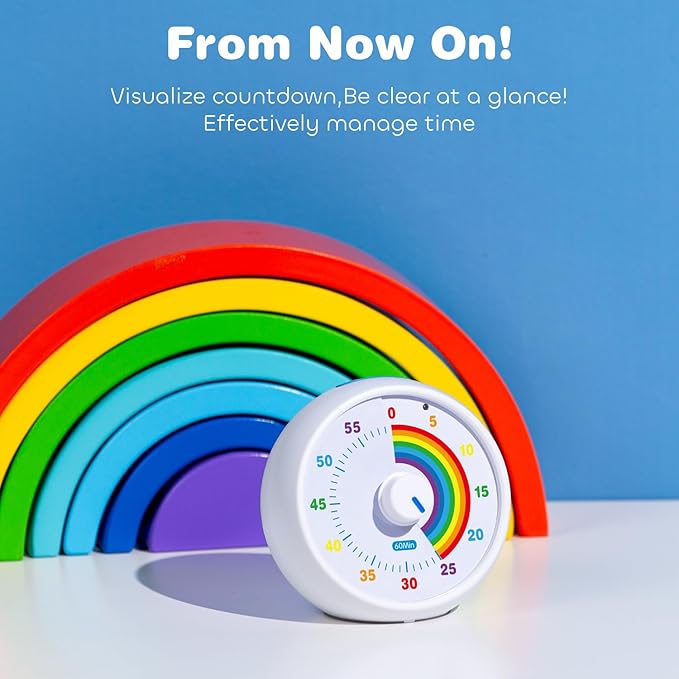 Visual Timer for Kids, 60-Minute Countdown for Classroom Office Kitchen, Desk Timer Kids Time Management Tools with Silent Operation, Pomodoro Timer Rainbow Pattern(White)