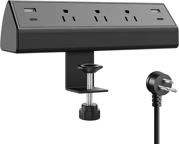 Desk Clamp Power Strip,40W Fast Charging Station,Desktop Mount Surge Protector,2 PD 20W USB C Ports,3 Outlets for Home,Office,Fit 1.9" Tabletop Edge (Black, 3 Outlets & 4 USB Ports & 25 FT Cable)