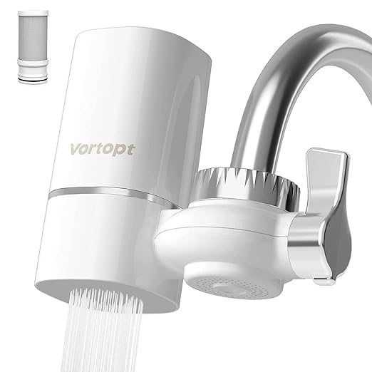 Vortopt Faucet Water Filter for Sink, Rapid Flow - 400 Gallons Faucet Mount Water Filtration System for Tap Water, NSF Certified Reduces Chlorine & Bad Taste with 1 Replacement (White-T1-1Filter)