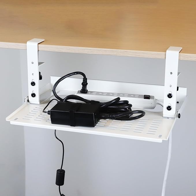 AEONS Universal Under Desk Cable Management Tray-Clamp Mount Hinged Swing Modesty Panel Organizer for Office Desks Easy Access Flip-Down position Power Strip Cord Storage No-Drill 25 lb Capacity White