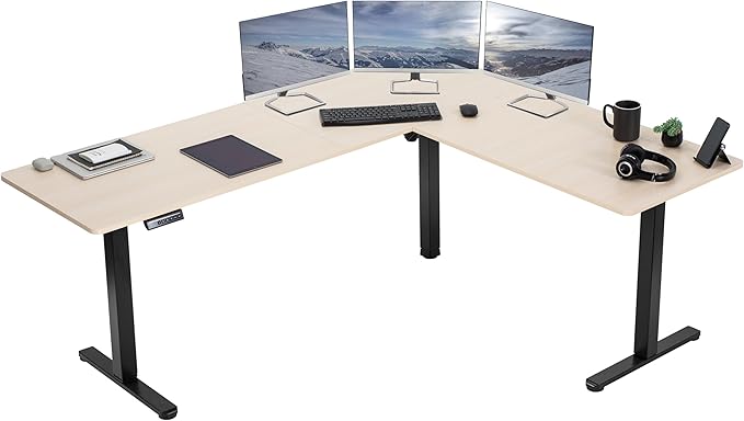 VIVO Electric Corner 75 x 63 inch L-Shaped Standing Desk, Memory Height Adjustment, Light Wood Top Black Frame, DESK-E3CTBC-75