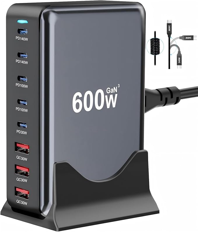 600W Fast USB C GaN Ⅲ Pro Charger Block,8 Port Charging Station,Dual 140W PD3.1 PPS Fast Charging Station for Multiple Devices Laptop Wall Charger Compatible with MacBook/iPhone 16/iPad etc