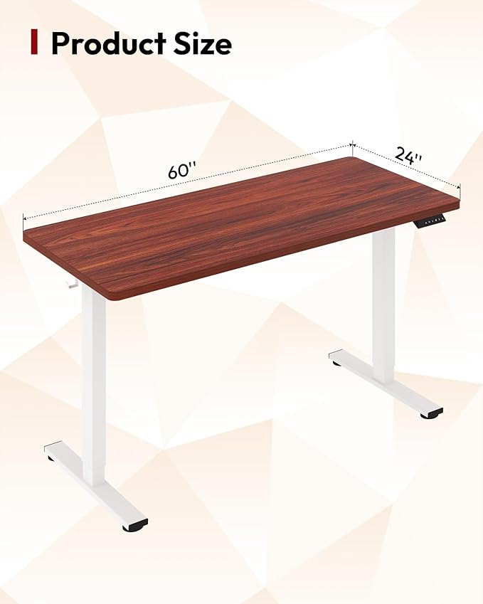 SANODESK Electric Standing Desk 60 x 24 Inches Whole-Piece Desktop Height Adjustable Stand Up Desk w/6-Button Controller Ergonomic Computer Desk for Home Office, White Frame + Mahogany Tabletop