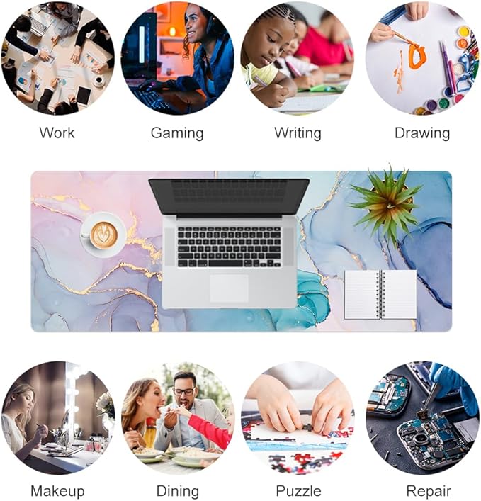 QiyI Large Mouse Pad, PU Leather Desk Mat for Desktop, Waterproof Gaming Pad, Marble Full Desk Accessories Keyboard Mousepad, Abstract Art Home Office Décor 31.5" x 11.8" - Blue Pink Fluid