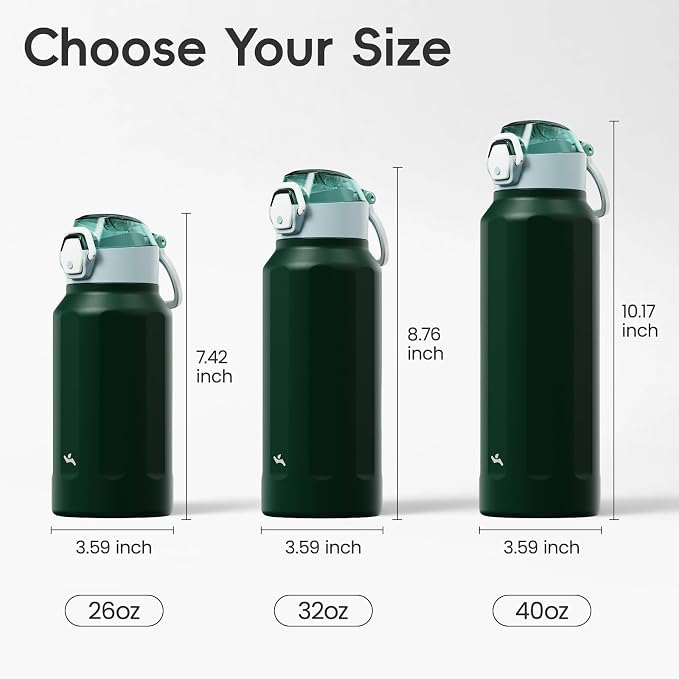 Konokyo FLOWPLAY 32oz Locking Push-Button Water Bottle with Silicone Spout,Leak-Proof,18/8 Stainless Steel Double-Wall Vacuum Insulated for Sports and Travel,BPA-Free,Dark Green