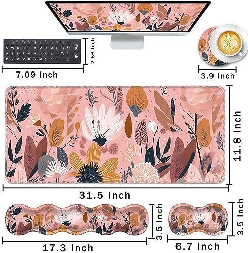 Keyboard Wrist Rest and Mouse Pad with Wrist Support Set Ergonomic Coaster,Memory Foam,Easy Typing Pain Relief,Large XL Desk Mat 31.5"x 11.8",Pink Floral