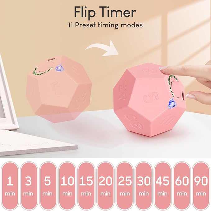 Pomodoro Timer, 11 Preset Time Productivity Timer, Ring/Vibrate Mode Productivity Cube, Type C Rechargeable Kitchen Cooking Timer for Cooking, Learning, Exercise and Beauty-Pink