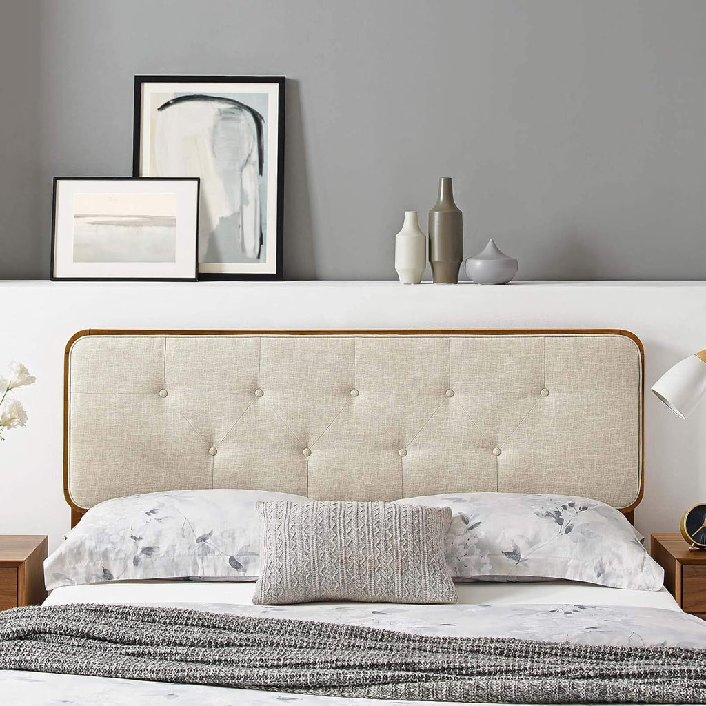 Collins Tufted King Headboard, Fabric and Wood, Walnut Beige