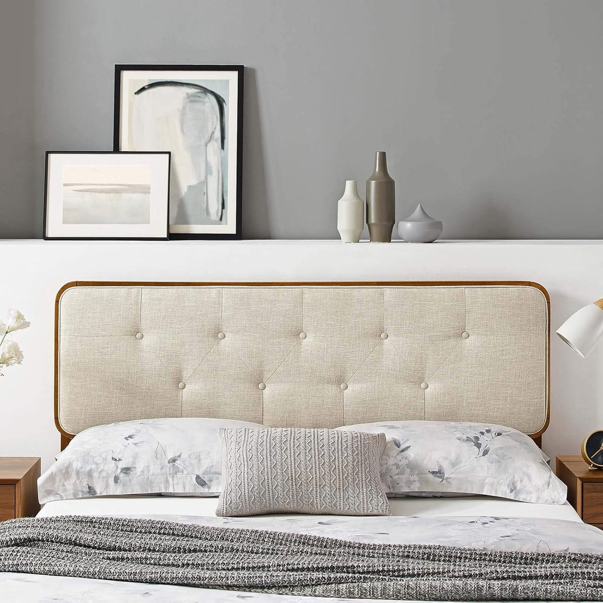 Collins Tufted King Headboard, Fabric and Wood, Walnut Beige