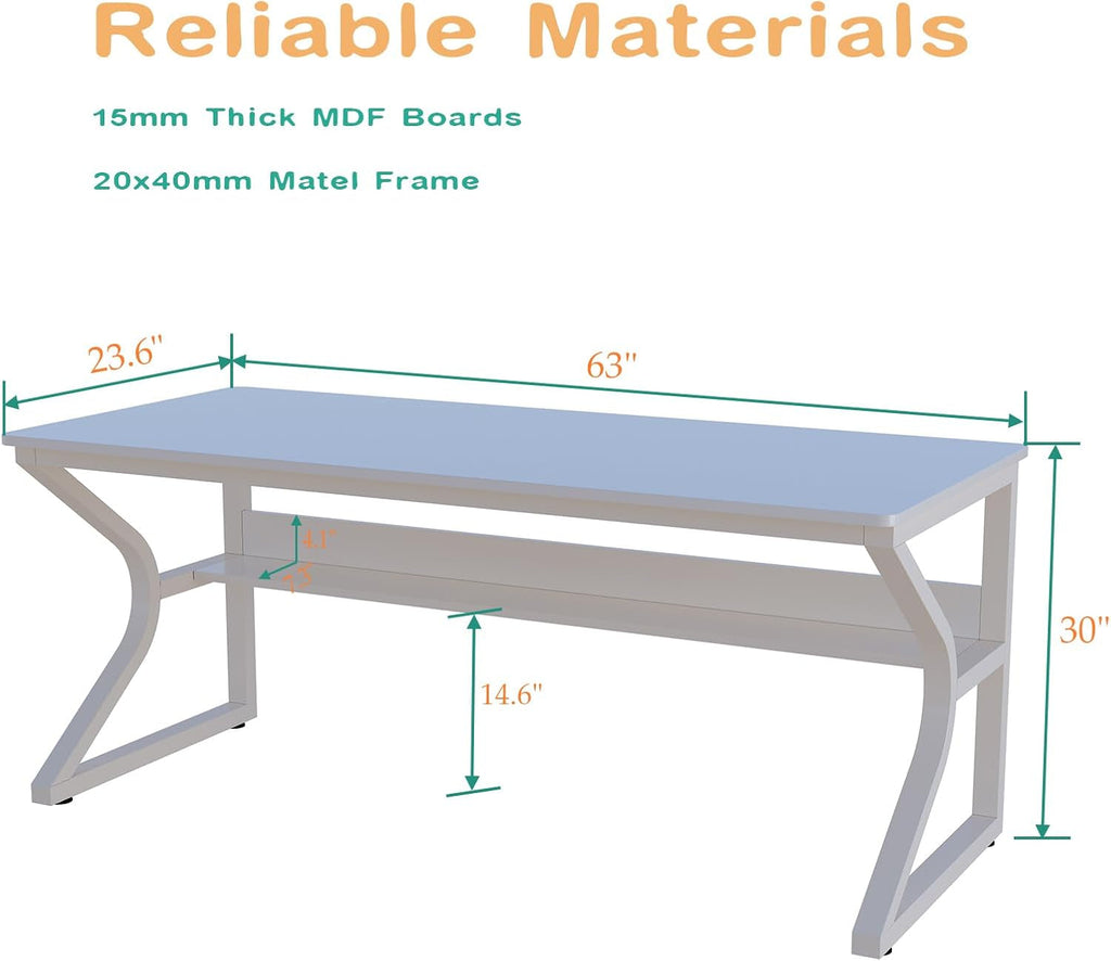 Extra Long Desk with Bookshelf - 63" Double Long Writing Table for 2-Person Workstation, Modern Study Work Computer Desk for Home and Office, Warm White
