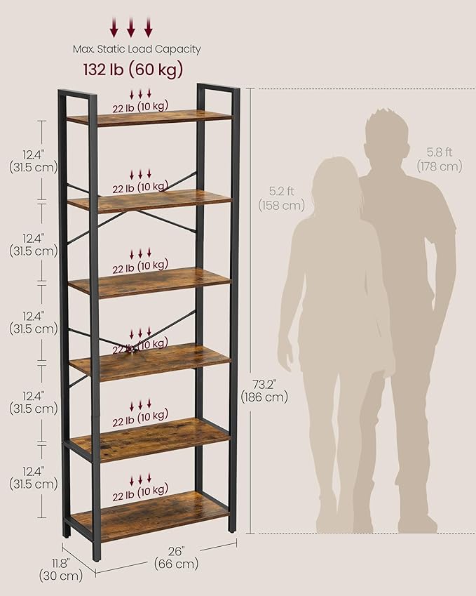 VASAGLE 6-Tier Bookshelf, Bookcase with Steel Frame, Book Shelf for Living Room, Home Office, Study, 11.8 x 26 x 73.2 Inches, Industrial Style, Rustic Brown and Ink Black ULLS062B01