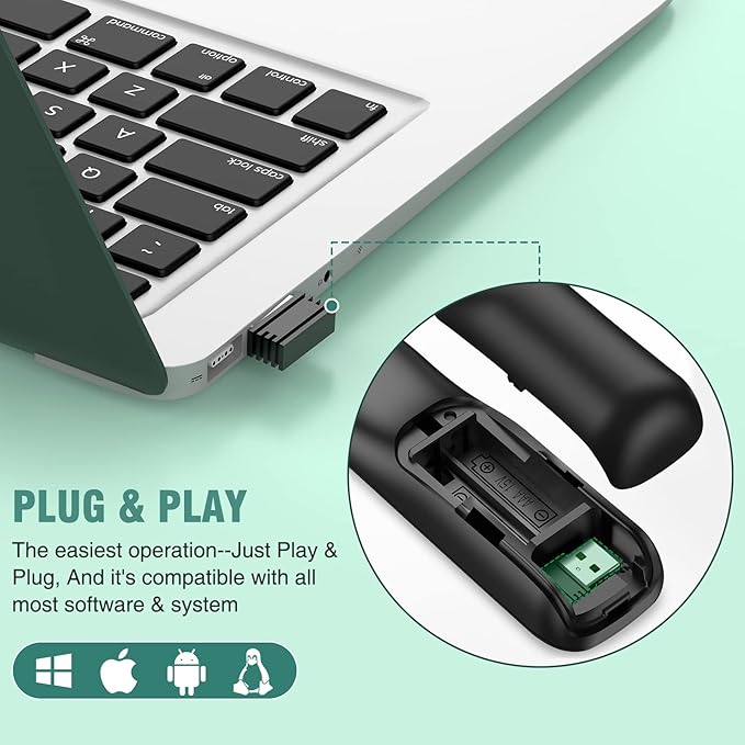 Presentation Clicker Green Laser Pointer with Air Mouse Function, Wireless Presenter Clicker RF 2.4GHz USB Presenter Control PowerPoint Presentation Clicker for Mac, Laptop, Computer