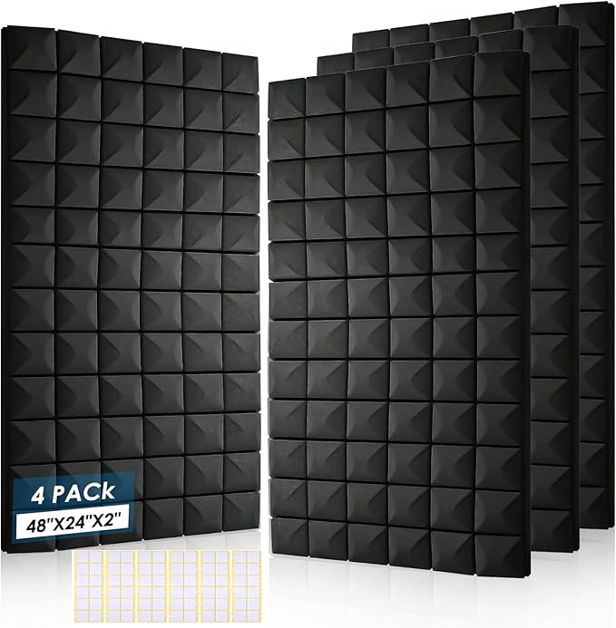 4 Pack Acoustic Panels, 48 x 24 x 2" Sound Proof Foam High Density Studio Wedge Tiles Fire Resistant Acoustic Panels for Home,Office, Recording Room, Studio (Black-4 Pack)