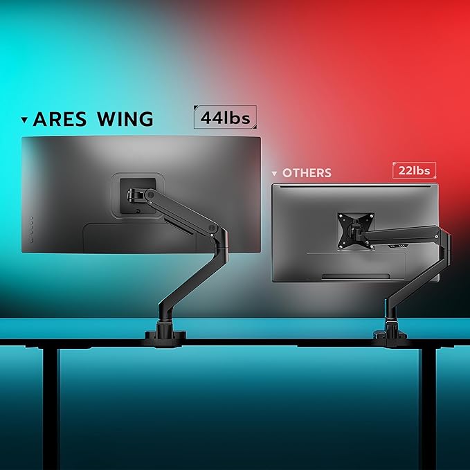 ARES WING Ultrawide Monitor Arm for 17 to 49 Inch Heavy Duty Curved Screen, Holds 44 Lbs, Adjustable Gas Spring Monitor Arm Desk Mount with C Clamp, Grommet Base, 75/100 Vesa Mount, Black