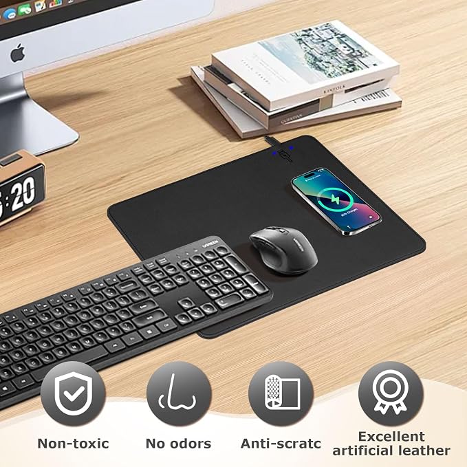 Wireless Charging Mouse Pad Firelison 2 in 1 Leather Multifunctional Office Desk Pad with Non-Slip Rubber Base, Waterproof Desk pad for Computers/Office/Work/Home/Decor（ 12" x 10"Black - R）