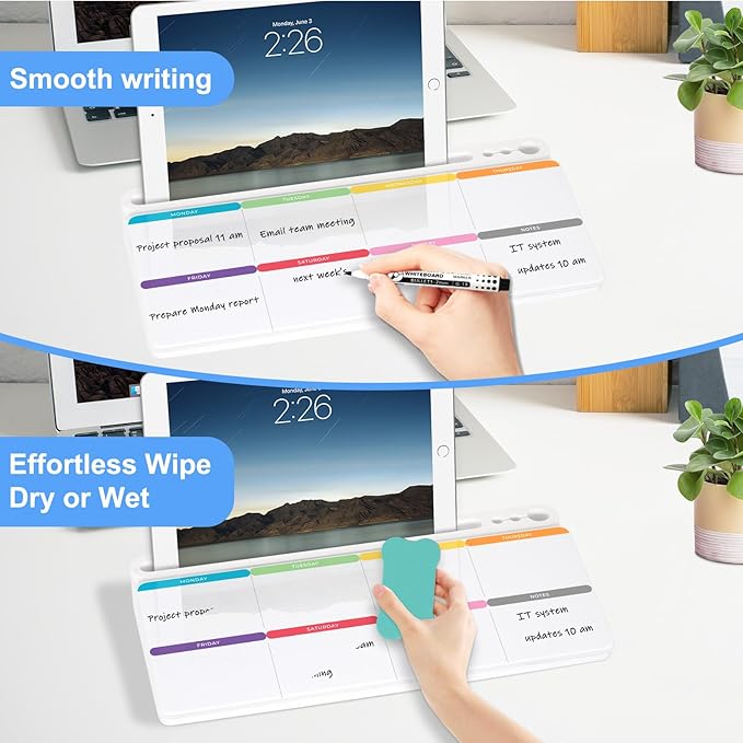 Desktop Glass Whiteboard with Storage, Colorful Weekly Calendar Desk Dry Erase White Board, Desk Organizers and Accessories, Weekly Planner Board with Notes for Planning, Memo, Office, Home, School