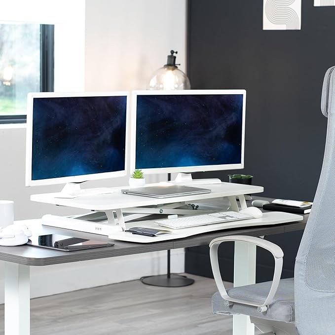 VIVO 36 inch Desk Converter, K Series, Height Adjustable Sit to Stand Riser, Dual Monitor and Laptop Workstation with Wide Keyboard Tray, White, DESK-V036KW