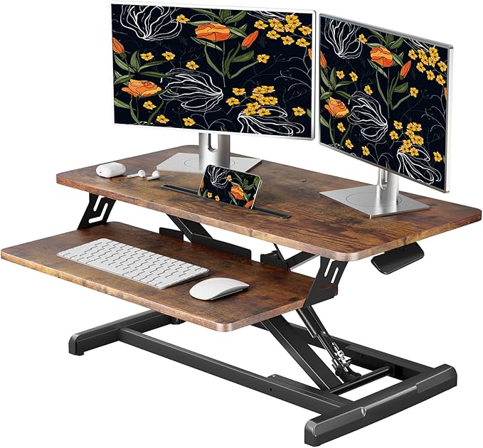 JOY worker Standing Desk Converter, 32" Wide Height Adjustable Sit Stand Up Desk Riser with Keyboard Tray, Desktop Workstation Riser for Home Office Computer Laptop, Particle Board, Rustic