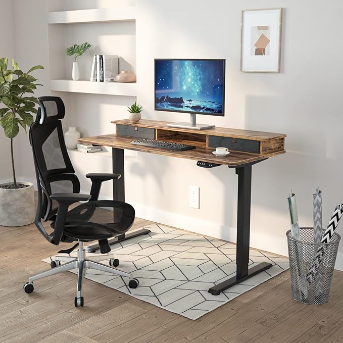 FEZIBO 55 x 24 Inch Whole-Piece Height Adjustable Standing Desk with Double Drawers, Sit Stand Desk, Stand Up Table (Send Two Packages), Rustic Brown Top