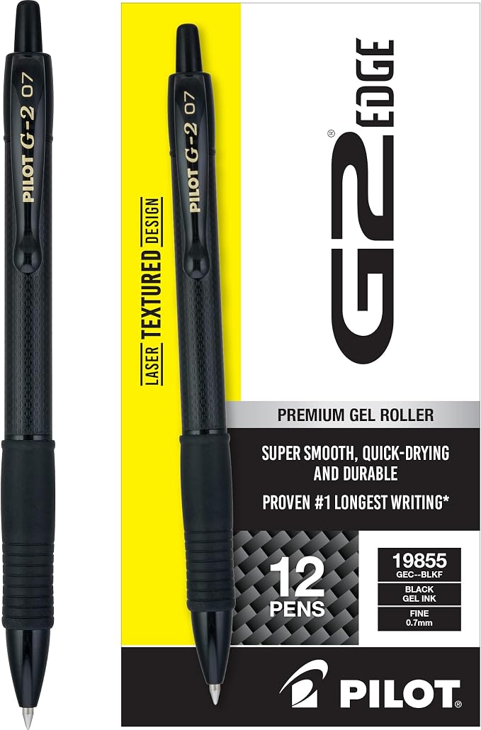 Pilot, G2 Edge Premium Gel Roller Pens, Fine Point 0.7 mm, Gel Pens Black Ink, Pack of 12 - Ideal for School, Journaling & Office Writing