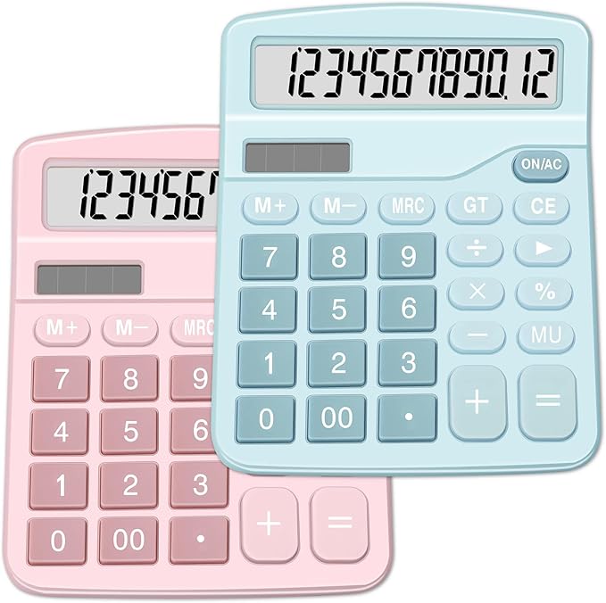 Calculators, Splaks 2 Pack Standard Functional Desktop Calculators Sola and AA Battery Dual Power Electronic Basic Calculator with 12-Digit Large Display for Office, Home, School (1 Blue & 1 Pink)