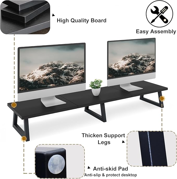 TEAMIX Black 42 inch Dual Monitor Riser,Wood and Steel Long Monitor Stand for 2 Monitors with Storage Large TV Riser Computer Laptop Stand for Desk Office Organization