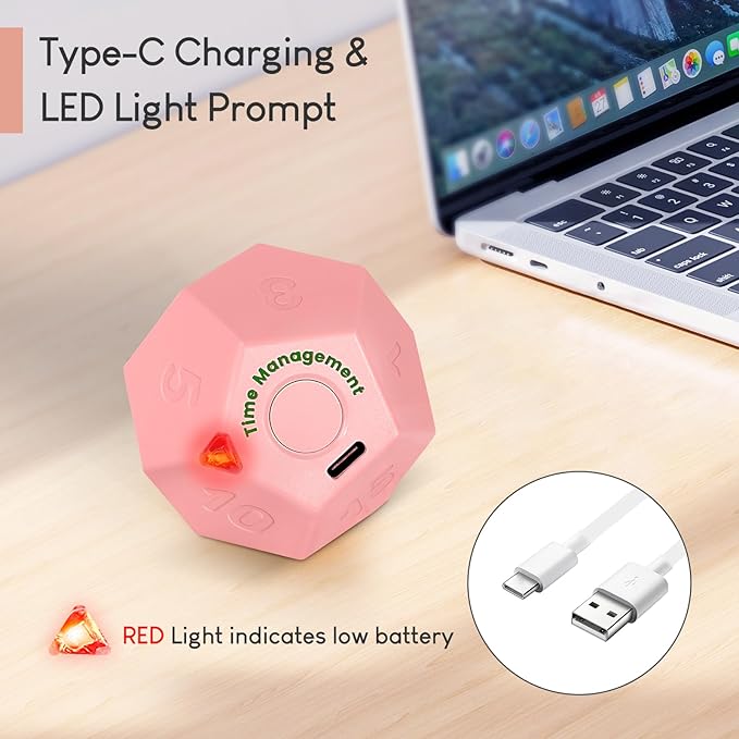 Pomodoro Timer, 11 Preset Time Productivity Timer, Ring/Vibrate Mode Productivity Cube, Type C Rechargeable Kitchen Cooking Timer for Cooking, Learning, Exercise and Beauty-Pink