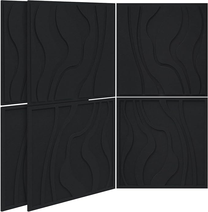BUBOS Large Acoustic Panels, 6-Pack Soundproof Wall Panels Thickened 23.6 x 23.6 Inches, Self-adhesive Sound Absorbing Panels Decorative for Recording Studio Office Home Theater, Black