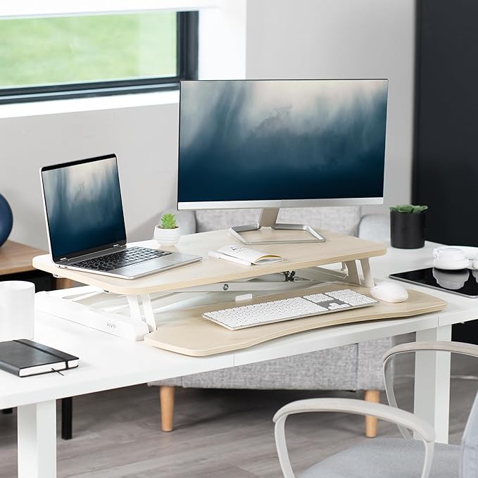 VIVO 32 inch Desk Converter, K Series, Height Adjustable Sit to Stand Riser, Dual Monitor and Laptop Workstation with Wide Keyboard Tray, Light Wood Top, White Frame, DESK-V000KF