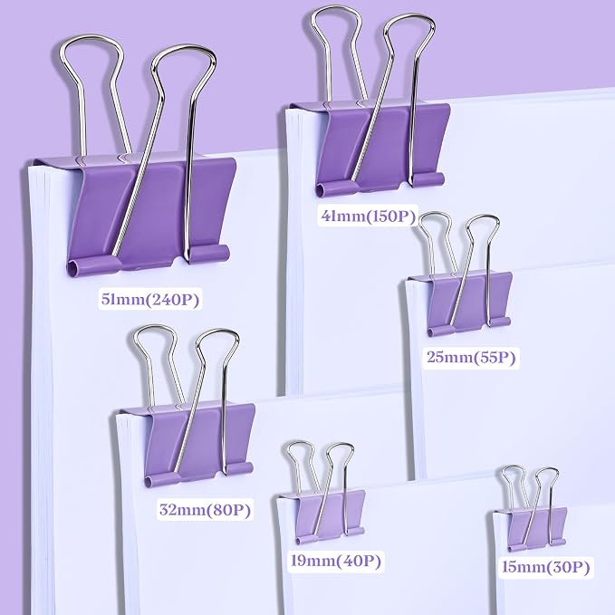 Temiary Metal Binder Clips, Assorted Sizes Extra Large, Large, Medium, Small, Mini, Micro Binder Paperwork Clip, Morandi Colored Paper Clamps Bulk for Office, Home, School (Purple 208P)