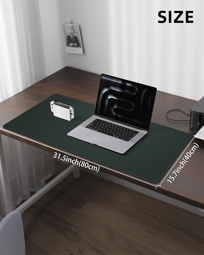 Leather Desk Pad Protector, Green Office Mat, Non-Slip PU Leather Blotter, Laptop Desk Pad, Waterproof Writing Pad (Dark Green, 31.5" x 15.7")