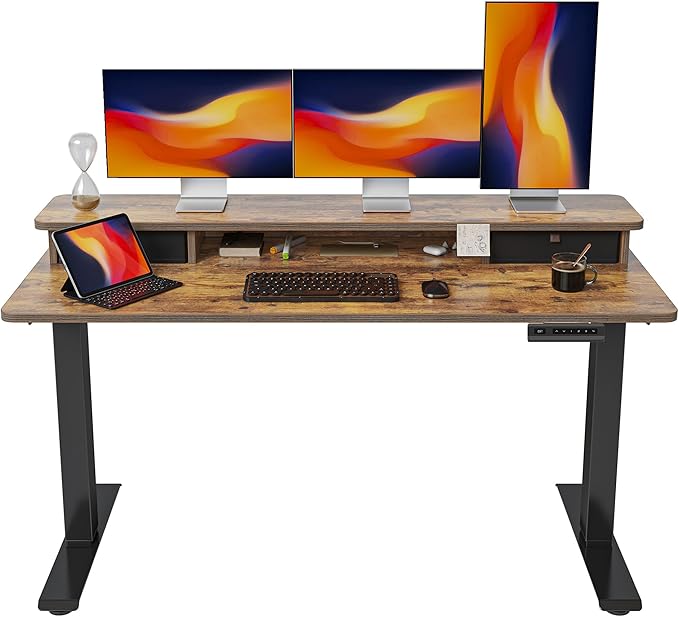 FEZIBO 63 x 28 Inch Deeper Height Adjustable Electric Standing Desk with Double Drawers, Sit Stand Up, Home Office Computer Desk with 4 Height-Adjustable Feets & 2 Hooks, Black Frame/Rustic Brown Top