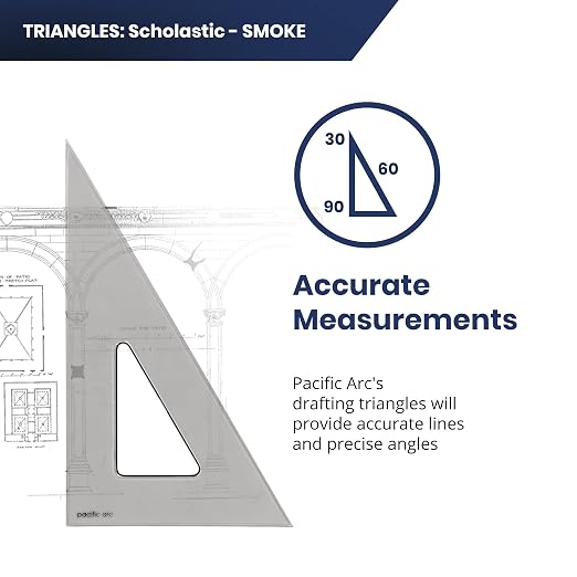 Pacific Arc's Scholastic Triangle - 8 inch - Smoke - 30/60 Angle - Polystyrene - Inking Edge - Technical Drawing Tools, Drafting, Architect and Engineering.