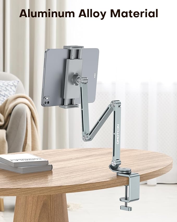 OMOTON GH03 Adjustable Tablet Stand for iPad, Desk Phone Holder for Bed with 2 Clamps, Flexible Aluminum Alloy Mount with 360° Rotation for 4-13" Devices