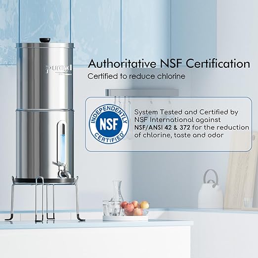 Purewell 2.25G Gravity Water Filter System with Water Level Window, 3-Stage 0.01μm Ultra-Filtration Stainless Steel Countertop System with 2 Filters and Stand, Reduce 99% Chlorine, PW-KS