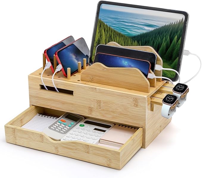 Yopay Family Charging Station with Drawer, Bamboo Charging Station for Multiple Devices, Cell Phone Docking Stations Organizer for Tablet, Laptop, Nightstand Bedside Desk Device Charger Organizer