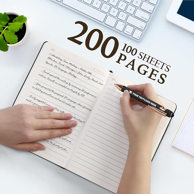 ENOMY Personalized Notebook &10 PC Pens Set A5 Journal Hardcover Custom Notebook 200 Lined Pages Business Notebook with Pen Holder for Holiday College Birthday Business Gift, Silver