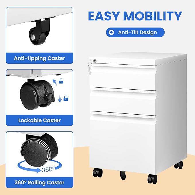 MIIIKO White Filing Cabinet 3 Drawers on Wheels Under Desk, Metal Rolling File Cabinet with Lock for Home Office, Small Mobile File Cabinet for Letter Legal File Folders, Un-Assembled