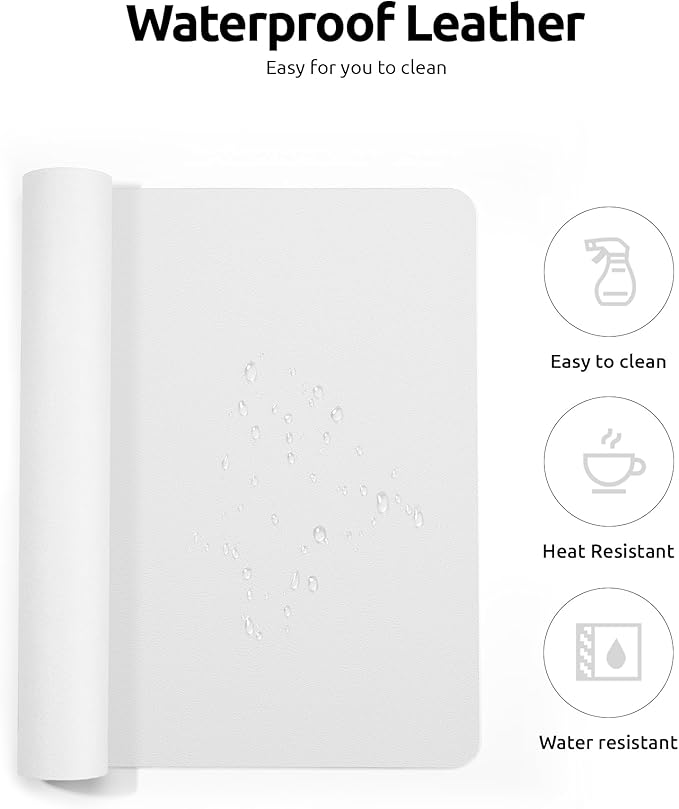 YSAGi Leather Desk Protector, Office Mat, Large Mouse Mat, Non-Slip PU Leather Blotter, Laptop Desk, Waterproof Writing Pad for Office and Home (White, 31.5" x 15.8")