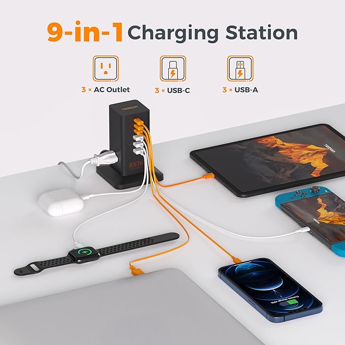 Charging Station PD 100W, TESSAN 9-in-1 USB C Power Strip for iPhone 17/16/15, MacBook, Tablet, Desktop Phone Fast Charger with 3 AC, 3 USB-A Ports, Home Drom Office Accessories