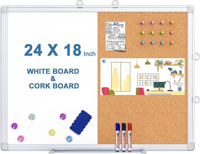 Magnetic White Board and Cork Board Combo, 24 X 18 inches Whiteboard Bulletin Combination Board, Wall Mounted Dry Erase Message Board for Home, School and Office