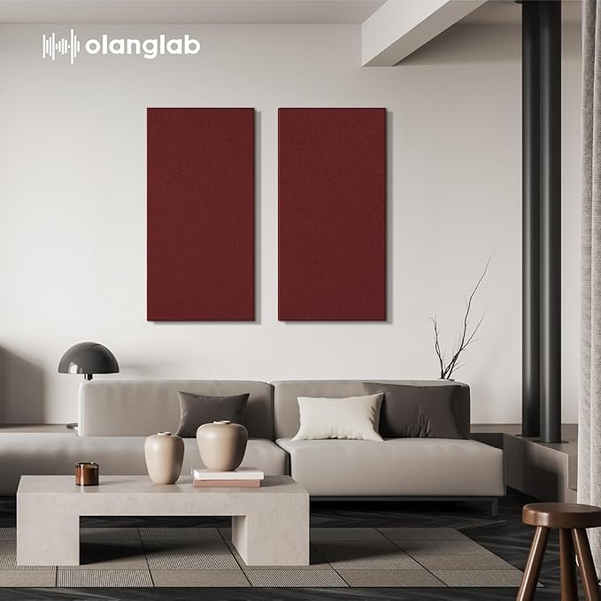 Olanglab Sound Absorbing Acoustic Wall Panels 2 Pack, 2'' 24''x48'' Fiberglass Sound Dampening Panels, Large Fabric Wrapped Sound Proof Panels for Walls (Burgundy)