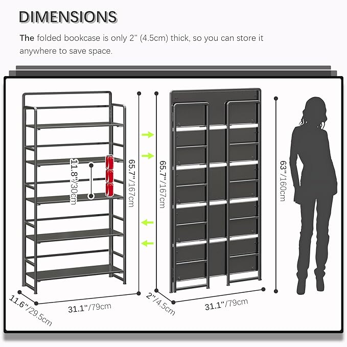 4NM No Assembly Extra Wide 5 Tiers Folding Bookshelf Storage Shelves Vintage Bookcase Standing Racks Study Organizer Home Office (All Black)