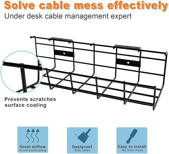 Under Desk Cable Management- 6 Pack Cord Organizer. Metal Wire Cable Management Tray for Office, Studio and Home. Super Sturdy Under Table Cable Managements - Black Cable Organizer