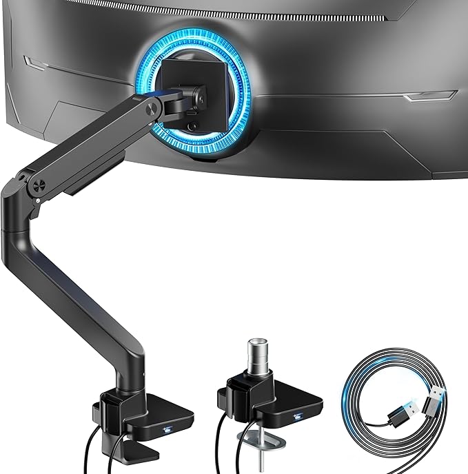 ARES WING Ultrawide Monitor Arm with USB A/C, for 17 to 49 inch Heavy Duty Screen, Holds 44 lbs, Adjustable Gas Spring Arm Desk Mount with Clamp and Grommet Base, Black