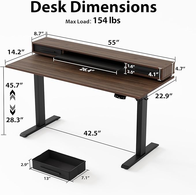 Agilestic 55 Inch Electric Standing Desk with Drawers, Adjustable Desk with Storage Shelf, Stand Up Home Office Computer Table, Splice Board, Dark Walnut