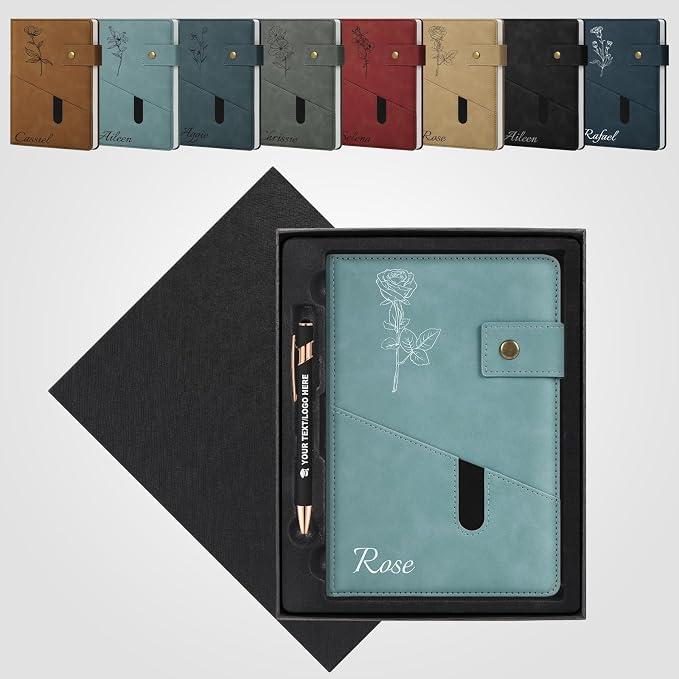 ENOMY Personalized Notebook & Pen Set PU Leather Custom A5 Notebook with Lock 200 Lined Paper Pages Luxury Gift Box for Men Women Travel College Business Gift, Brown
