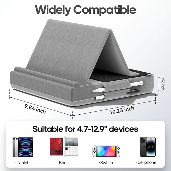 KDD Tablet Pillow Stand, Multi-Angle Viewing Ipad Holder for Lap, Bed and Desk, Foldable Soft Pad Dock with Stylus Mount Compatible with Ipad Pro 12.9, 10.5, 11, Air, Mini, Phones, Books, E-Reader